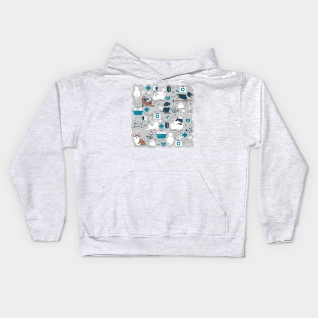 Veterinary medicine, happy and healthy friends // grey background turquoise details navy blue white and brown cats dogs and other animals Kids Hoodie by SelmaCardoso